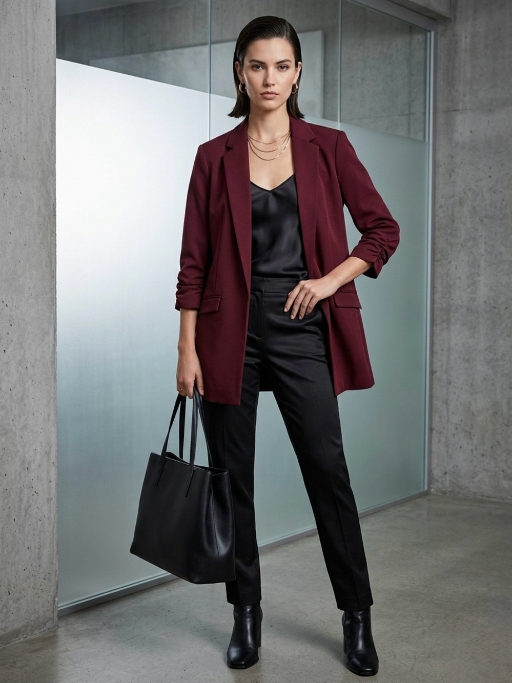 INC Burgundy Ruched 3/4 Sleeve Long Blazer Jacket